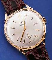 OMEGA HERRENARMBANDUHR, SCHWEIZ UM 1950, NEUTR. RG 750/000, WOHL SüDAMERIKA, BODEN U. GLASR. GEDR., BLATT REST., RUNDANKERW., VERG.,15 ST., ...
