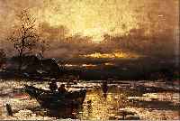 MüLLER, ROBERT, DüSSELDORFER SCHULE, UM 1900, WINTERLICHE LANDSCHAFT MIT FISCHER- BOOTEN AM ZUGEFRORENEN SEE, ABENDSTIMMUNG, ÖL/LWD, ...