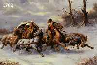 UNBEKANNTER MALER AUS DER ZEIT UM 1870-80, WöLFE ATTACKIEREN EINEN VON KOSAKEN GERITTENENFüNFSPäNNER IN WINTERLICHER LANDSCHAFT, ÖL/LWD., ...