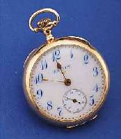 ELGIN DAMENTASCHENUHR, USA UM 1910, GG 585/ 000, PERF. 2-TEIL. EMAILBL. SIGN., GOLD- U. SILBERPIQUETARB. (IM ZENTRUM CROIX D'OR), RüCKS. ...