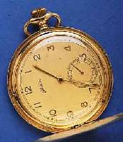GILDE/GGILDE/GRUEN HERRENTASCHENUHR SAVONETTE, SCHWEIZ/DEUTSCHLAND UM 1938, GG 585/000, BEIDE SCHALEN SYM. GUILL., VERSCHL. MONOGR. BP, VERG. ...