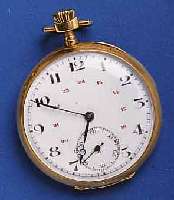 HERRENHERRENTASCHENUHR OFFEN, FRANKREICH UM 1912, GG 750/000, BODEN IM STRAHLENDEKOR, EMAILBL. PROV. REP. BEI 6, INNEN ROT 13-24, GOLDCUV., VERG. ...