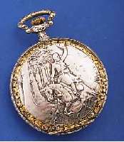STUPENDA HERRENTASCHENUHR OFFEN, TEILW. VER-S., TEILW. VERG., RüCKS. RELIFIERTE DARST. EINES GRüßENDEN REITERS IM WALD, VERG. BLATT, SCHWEIZ ...