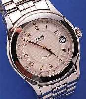 ORIS HERRENARMBANDUHR AUTOMATIK, SCHWEIZ UM 1996, EDELST. INCL. EDELST.-BAND, BOMB. MINE- RALGL., WERK VERG., 25 ST., BASISKAL. ETA 2824/2, ...