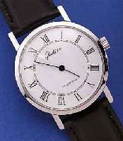 GLASHÜTTE HERRENARMBANDUHR, DEUTSCHLAND UM 1984, METALL HARTVERCHR., EDELST.-BODEN GEDR.,EMAILFARB. KONTRASTZIFFERBL., LEDERB., DAMEN- ...
