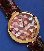 MEDICI MEDICI ARMBANDUHR DESIGNERMODELL, ITALIEN/ SCHWEIZ UM 1988, AUFWEND. BLATT M. PERLMUTT- EINL., SAPHIRFLACHGL., GEH. HARTVERG., ORIG.- ...