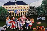 KLUTH, ERIKA, 1920 BERLIN, BEKANNTE, NAIVE KüNSTLERIN, BETEILIGTE SICH AN ZAHLREICHEN AUSSTELLUNGEN, HIER: KINDERREIGEN IM SCHLOSS- PARK HINTER ...