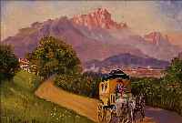 SCHMITT, PH., GENREMALER D. 20 JH., HIER: POSTKUTSCHE MIT PFERDEN IN GEBIRGSLANDSCHAFT, ÖL/HOLZ, SIGN., CA. 15 X 20 CM, R.