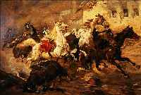 UNBEKANNTER KÜNSTLER DES 19. JH. IN DER NACH- FOLGE VON RUGENDAS, DURCHGEHENDE PFERDE, QUALITÄTVOLLE DRAMATISCHE MALEREI, ÖL/ LWD.(REST., MIN. ...