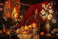 UNBEKANNTER KüNSTLER, UM 1880, PRACHTVOLLES STILLEBEN MIT PAPAGEI, FRüCHTESCHALE, BLUMEN VOR EINEM VORHANG, ÖL/ LWD. (REST.), UNSIGN. CA. 79 X ...