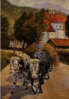 UNBEKANNTER KüNSTLER, UM 1930, BAUER AUF VONOCHSEN GEZOGENEM HEUWAGEN, ÖL/LWD., UNLESERL. SIGN., CA. 55 X 38 CM. R.