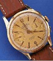 DULFI ARMBANDCHRONOGRAPH, SCHWEIZ UM 1958, ROSE-G. 750/000, BODEN U. GLASR. GEDR., METALLCUV. ZUR ARMIERUNG, ORIG.-BLATT FL., TELE- U. ...