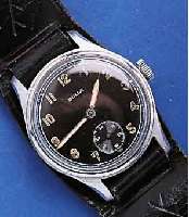 BULLA MIBULLA MILITÄRARMBANDUHR, FÜR DAS DTSCH. HEER UM 1952, METALL VERN., EDELST.-BODEN GESCHR., REG.-GRAV. D5620H, SCHW. ORIG.- ...