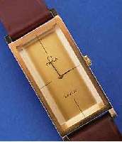 OMEGA HERRENARMBANDUHR DE VILLE, SCHWEIZ UM 1974, AUFWEND. RECT.-FORM, HARTVERG. (20 MI- CRON AUFL.), EDELST.-BODEN GEDR., MAßE CA. 45 X 21 MM, ...