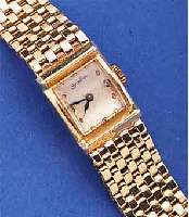 SANDOZ DAMENGOLDBANDUHR, SCHWEIZ UM 1948, GG 585/000 INCL. GG-BAND, BODEN GEDR., VERS. BLATT, GEBL. STAHLZEIGER, FORMANKERW., 17 ST., ...