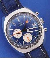 LEMANIA ARMBANDCHRONOGRAPH AUTOMATIK, SCHWEIZ UM 1973, EDELST., BODEN GESCHR., 60- MIN.- U. 12-STD.-STOPPZäHLER, DATUM, ZENTRAL- ROTOR ...