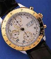 LANCIA ARMBANDCHRONOGRAPH AUTOMATIK, SCHWEIZUM 1995, EDELST. POL., BODEN GESCHR., LüNETTE,DRüCKER U. KRONE HARTVERG., EMAILFARB. BLATT, TAG U. ...