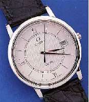 OMEGA HERRENARMBANDUHR DE VILLE QUARTZ, SCHWEIZ UM 1998, EDELST. POL., VERS. BLATT, FLACHE GESAMTAUSF., ORIG.-LEDERB., ETUI, ...