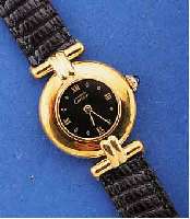 CARTIER DAMENARMBANDUHR, SCHWEIZ UM 1998, 925ER SILBER HARTVERG., SCHMUCKKRONE, SAPHIR- FLACHGL., LEDERB. M. ORIG.-STIFTSCHL., WOHL UNGETR. ...