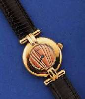 CARTIER DAMENARMBANDUHR, SCHWEIZ UM 1998, 925ER SILBER HARTVERG., SCHMUCKKRONE, SAPHIR- FLACHGL., LEDERB. M. ORIG.-STIFTSCHL., WOHL UNGETR. ...