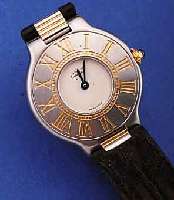 CARTIER DAMENARMBANDUHR LINIE 21, SCHWEIZ UM1997, EDELST. SAT., SCHMUCKKRONE, SAPHIRFLACH-GL., HIGH-TECH-QUARTZW., BODEN 6-FACH VERSCHR.LEDERB. M. ...
