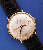 OMEGA HERRENARMBANDUHR AUTOMATIK, SCHWEIZ UM 1960, GG 750/000, BODEN U. GLASR. GEDR., VERS. BLATT M. AUFGES. GOLD-STD.-ZEICHEN, GOLDZEIGER LEDERB. ...