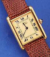 CARTIER ARMBANDUHR TANK, SCHWEIZ UM 1994, 925ER SILBER HARTVERG., BOMB. MINERALGL., SCHMUCKKRONE, CREMEFARB. BLATT, HIGH-TECH- QUARTZW., ...