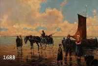 MAY, F., MITTE 20. JH., FISCHERVOLK MIT PFERDEKARREN UND BOOT AM STRAND, ÖL/LWD., SIGN., 60 X 80 CM, R.