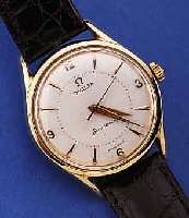 OMEGA HERRENARMBANDUHR, SCHWEIZ UM 1959, EDELST., BODEN GEDR., BEI FERTIGST. WASSER- GESCH., STARKE GG-HAUBE, BLATT REST., BEZ. SEAMASTER, ...