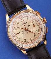 LEONIDAS ARMBANDCHRONOGRAPH, SCHWEIZ UM 1948, METALL ROSE-VERG., EDELST.-BODEN U. GLASR. GEDR., ORIG.-BLATT, TELE- U. TACHYME- ...