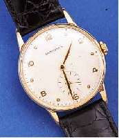 LONGINES HERRENARMBANDUHR, SCHWEIZ UM 1947, GG 750/000, BODEN U. GLASR. GEDR., RUNDANKERW.16 ST., GEPR. CHATONS, STREIFENSCHL., HAND- AUFZUGKAL. ...