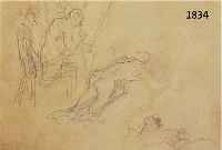 LIEBELIEBERMANN, MAX, 1847-1935, SELBSTPORTRÄT AN DER STAFFELEI MIT AKTSKIZZEN, BLEISTIFT AUF PAPIER, CA. 14,5 X 18,5 CM, PP, U.GL., R., MIT ...