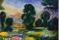 HALLHALLER, EUGEN, 1899 STUTTGART-1972 MÜNCHEN, VORGEBIRGSLANDSCHAFT MIT BÜSCHEN UND BÄUMEN, WACHSSTIFT UND GOUACHE AUF PAPIER, LI. U. SIGN., ...