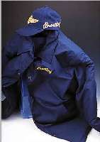 KONVOLUT BESTEHEND AUS EINER BREITLING JACKE UND SCHIRMKAPPE, WATTIERTE JACKE IN BLAU, GR. XL, VORNE LINKS M. BREITLINGSCHRIFTZUG BESTICKT, ...