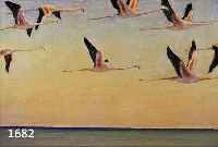 MONMONOGRAMMIST SN, DATIERT 1970, AUFFLIEGENDE FLAMINGOS ÜBER DEM MEER, ÖL/HARTFASER, CA. 50 X 125 CM, R.
