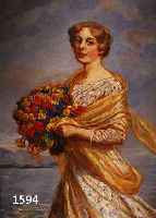HELDHELDRICH, B., MÜNCHEN, ÖL/LWD JUNGE FRAU MIT BLUMENSTRAUß MIT BUNTEM KLEID UND SCHAL, HINTERGRUND AM SEE, CA. 94X84 CM, R. LEICHT ...