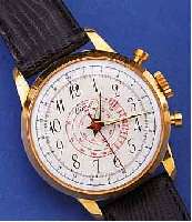 CIMIER HERRENARMBANDUHR SCHEINCHRONOGRAPH MIT UNRUHSTOPP, SCHWEIZ UM 1960, UNGETR. LAGER- W., METALL VERG., EDELST.-BODEN GEDR., EMAIL- FARB. ...