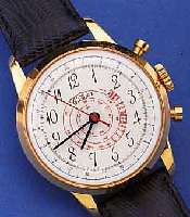 CIMIER HERRENARMBANDUHR SCHEINCHRONOGRAPH MIT UNRUHSTOPP, SCHWEIZ UM 1960, UNGETR. LAGER- W., METALL VERG., EDELST.-BODEN GEDR., EMAIL- FARB. ...