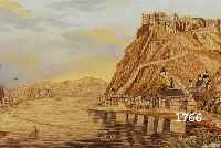 STICKBILD, DEUTSCH, UM 1845, FEINE SEIDENSTICKEREI AUF MALKARTON, HINTER- GRUND (HIMMEL GOUACHIERT), DARSTELLUNG EINER BURG ÜBER FLUSSTAL, CA. 22 ...