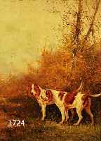 MALER DER DüSSELDORFER SCHULE, UM 1900, ZWEI JAGDHUNDE VOR HERBSTLICHEM WALDRAND, ÖL/LWD, MEHRFACH AUSGEBESSERT, RESTAURIERT UNDDOUBLIERT, ...