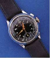 HUGA S.A. FLIEGERCHRONOGRAPH, SCHWEIZ UM 1938, METALL VERCHR., BODEN U. GLASR. GEDR., GLASR. DREHB. (INNENZEIGER WURDE ENTFERNT), SCHW. ...