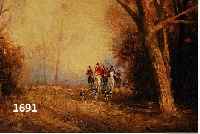 MöRITZ, FRITZ, 1912 DüSSELDORF - 1994, HERBSTWALD MIT PARFORCEREITERN, ÖL/LWD. SORGF.REST., 24 X 30 CM, R.