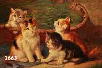 TIERMALER DES 19. JH., VIER JUNGE KATZEN AM KORB, ÖL/HOLZ UNLESERL. SIGN. U. RE., L. ALTERSSPUREN, 19 X 25 CM, R.