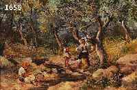 UNBEK. IMPRESSIONIST, MITTE 20. JH., MUTTER UND KINDER AN EINEM KLEINEN BACH UNTER BäUMEN, ÖL/HARTFASER, UNLESERL. SIGN., 13 X 18 ...