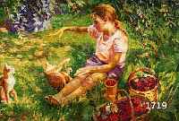 ZEHEZHER, ANATOLI, DNIEPROPETROWSK, STUDIERTE VON 1955-61 AN DER DORTIGEN KUNST- SCHULE, JUNGES MäDCHEN BEI DER KIRSCHERNTE, MIT KATZEN ...