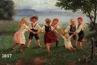SKAGA, ANKER, DäNISCHER MALER DER MüNCHNER SCHULE, ERW. ZW. 1889-99, RINGELREIHEN, AUF EINER WIESE AN EINEM BAYRISCHEN SEE TANZEN ...