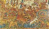 DARSTELLUNG VON GOTTESSZENE, SUMATRA, EHZ 2194 X 80CM, LEINEN BEMALT, UM 1900