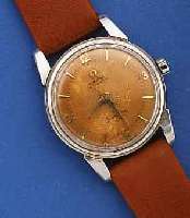 OMEGA HERRENARMBANDUHR AUTOMATIK SEAMASTER, EDELST., SCHWEIZ UM 1957, BODEN GEDR., VERS. BLATT IM GANZEN FARBL. GET., WERK VERG., 20 ST., ...