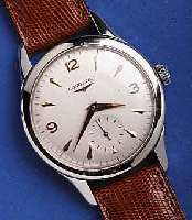 LONGINLONGINES HERRENARMBANDUHR, SCHWEIZ UM 1956, EDELST., BODEN GESCHR., BLATT REST., 17 ST., HANDAUFZUGKAL. 12,68Z, SCHR.-GLYC.-UNR., ...