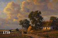 BROGE, ALFRED, 1870 KOPENHAGEN - 1955, DäNISCHER LANDSCHAFTSMALER, WEITE FELDLAND- SCHAFT MIT GEHöFT UND BAUERN UND ESELSKARREN, ÖL/LWD., ...